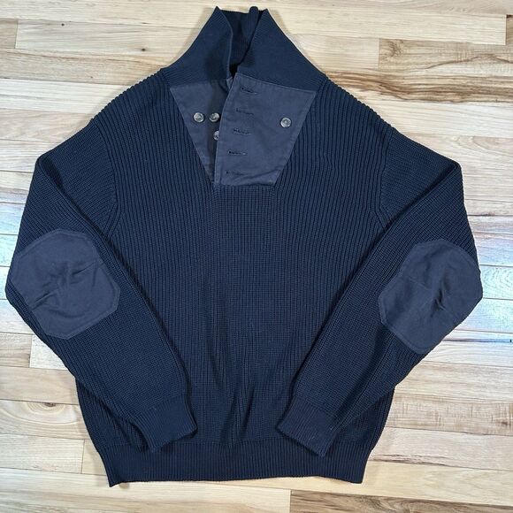 Vintage Orvis Commando Henley Fisherman Sweater Large Elbow Patches Heavy Black - Picture 1 of 7